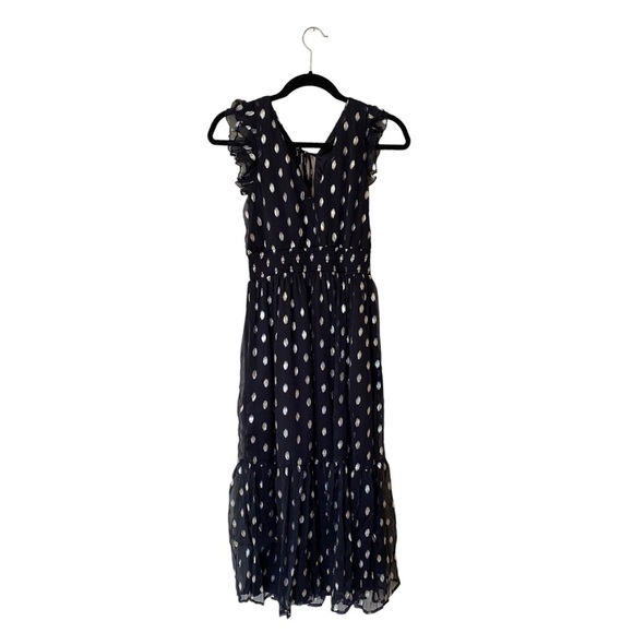 Lulus V-neck Ruffle Tiered Polka Dot Midi Dress in Navy and Silver - Picture 3 of 6